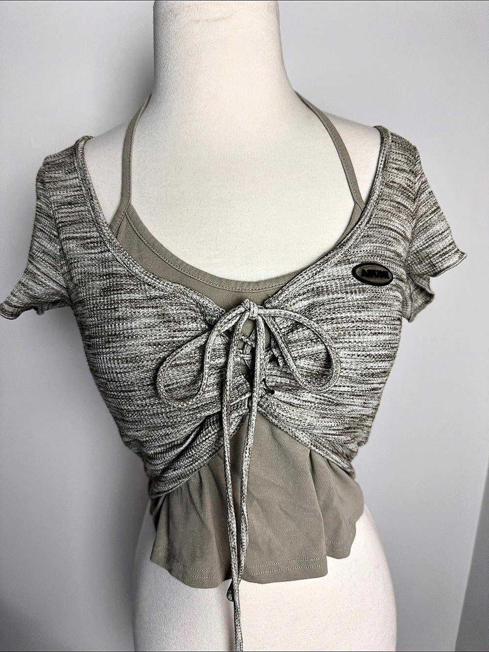 ASUNI Grey Tan Space Dye Faux Two-Piece Lace Up Crop Top Halter Layered Tee XXS